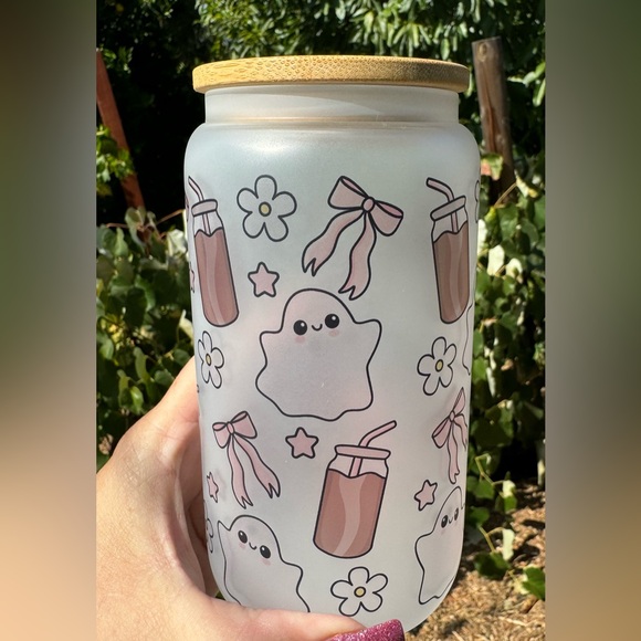 Cute ghost with bows and iced coffee Libbey frosted can glass 16oz - Picture 4 of 5